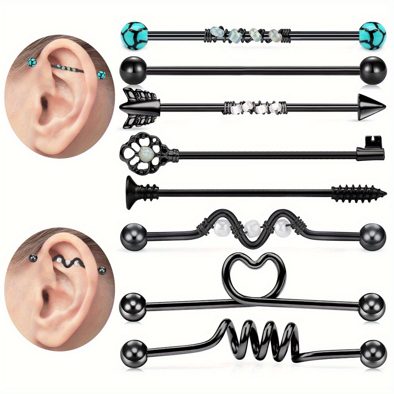 Body Jewelry Industrial - 8개입 14G 스테인리스 스틸 산업용 바벨