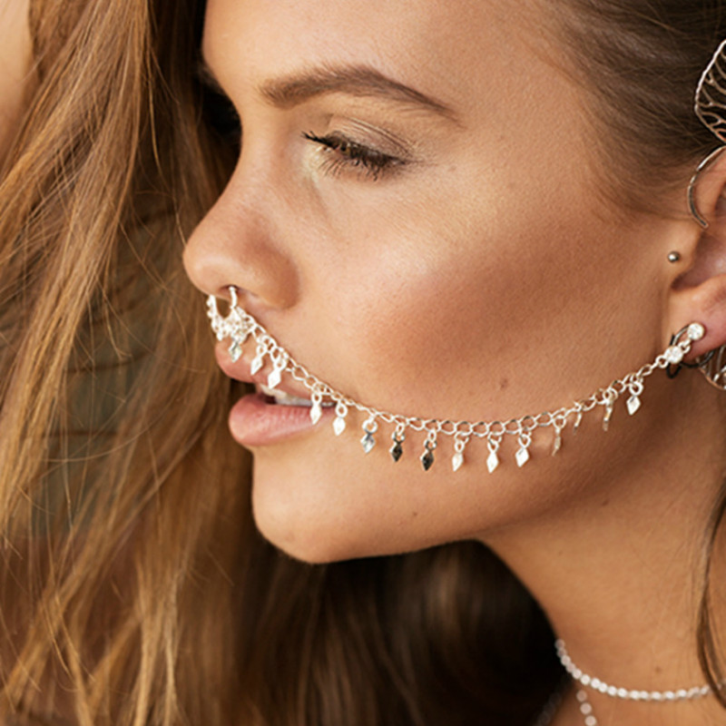 Body Jewelry Indian - 행잉 디스크 후프 귀 체인 코