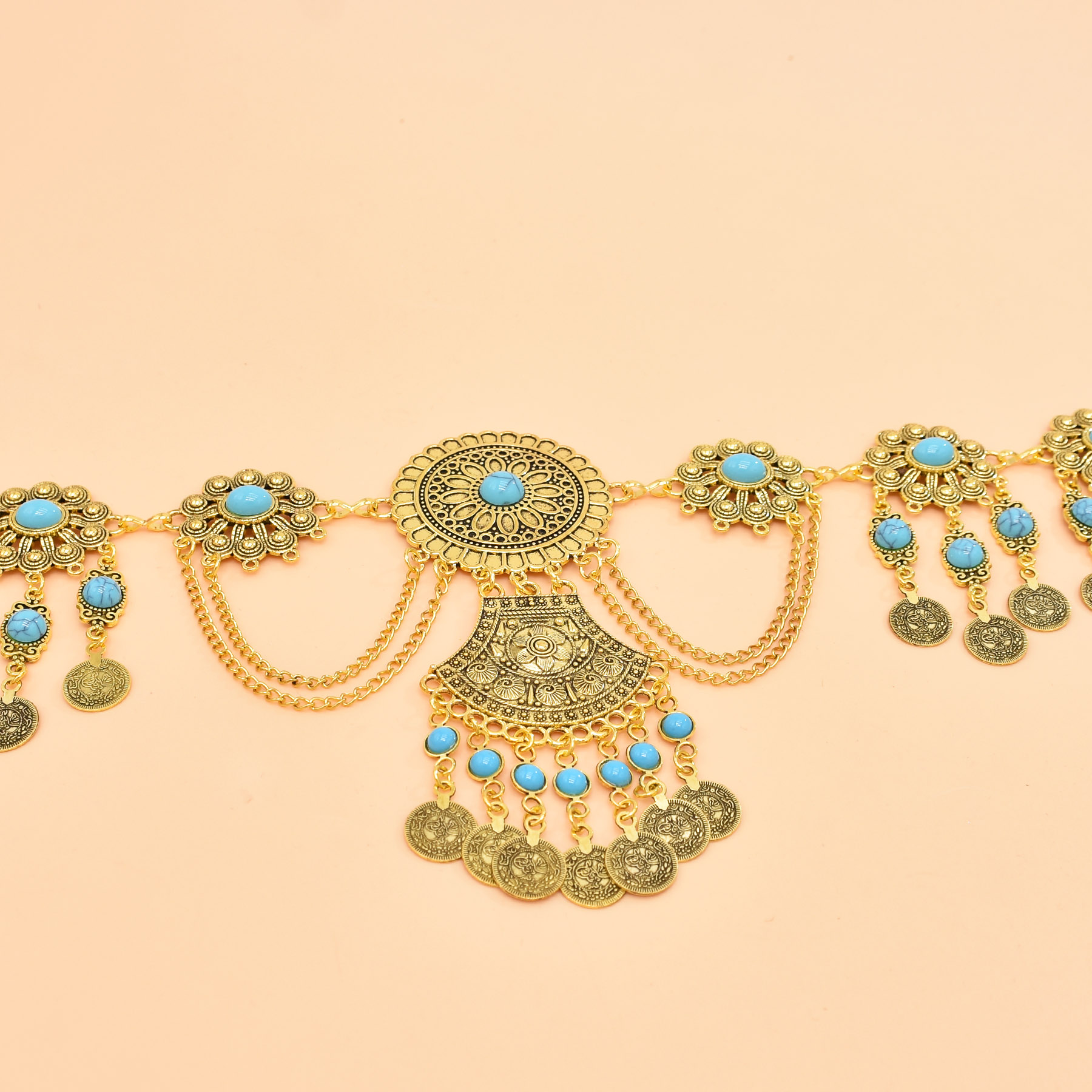 레트로 기하학적 조각 허리 체인 터키석 동전 펜던트,  - Body Jewelry Indian 리뷰 및 가격